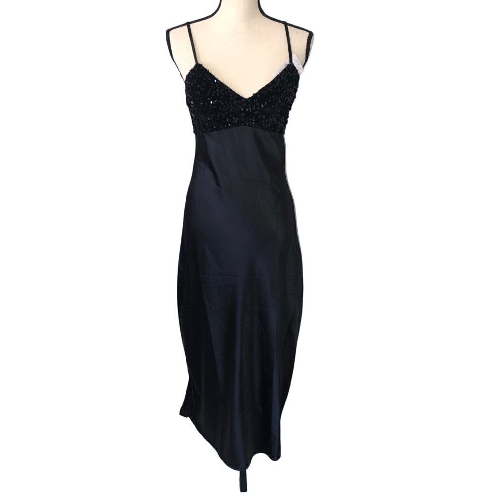 Maxi Dress Womens Size M Black Strapless Satin Sequins Prom Formal Evening Event
